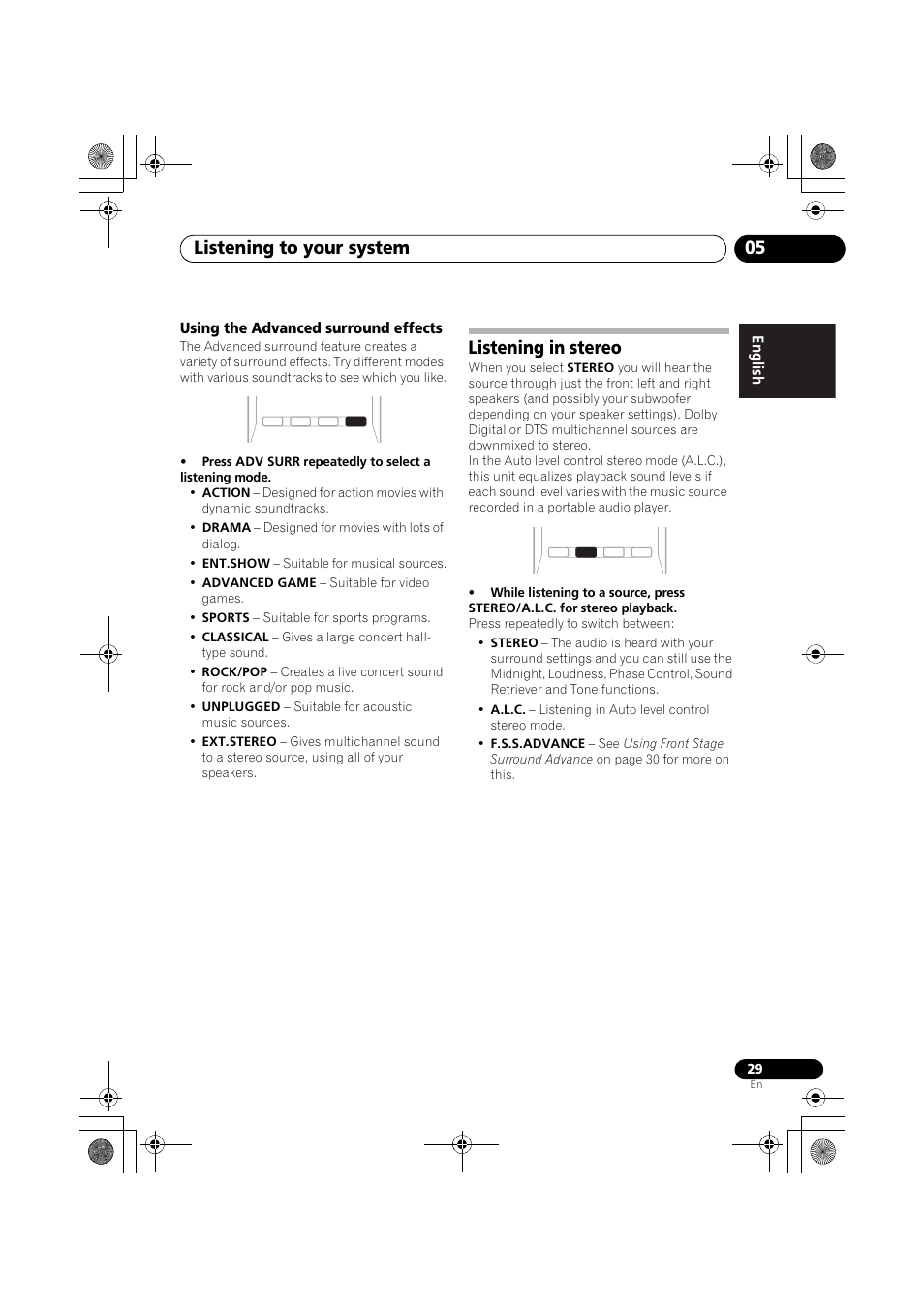 Using the advanced surround effects, Listening in stereo, Listening to your system 05 | Engli sh françai s e spañol | Pioneer VSX-519V-K User Manual | Page 29 / 144
