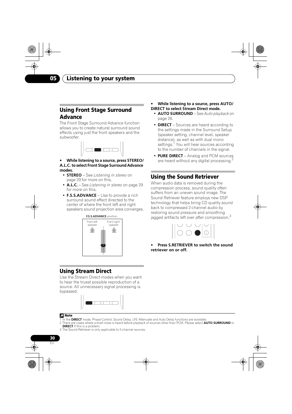 Using front stage surround advance, Using stream direct, Using the sound retriever | Listening to your system 05 | Pioneer VSX-519V-K User Manual | Page 30 / 144