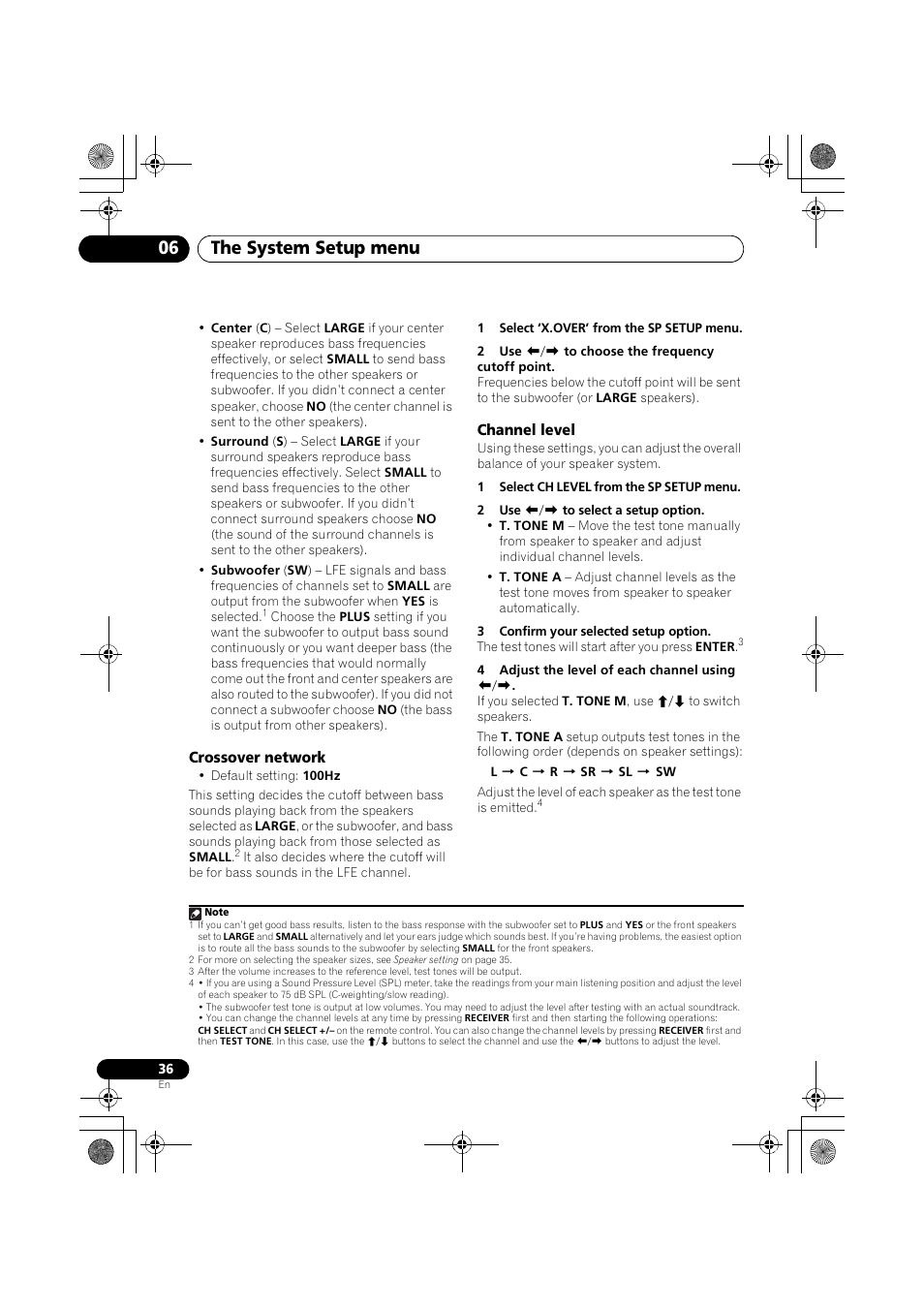 Crossover network channel level, The system setup menu 06 | Pioneer VSX-519V-K User Manual | Page 36 / 144