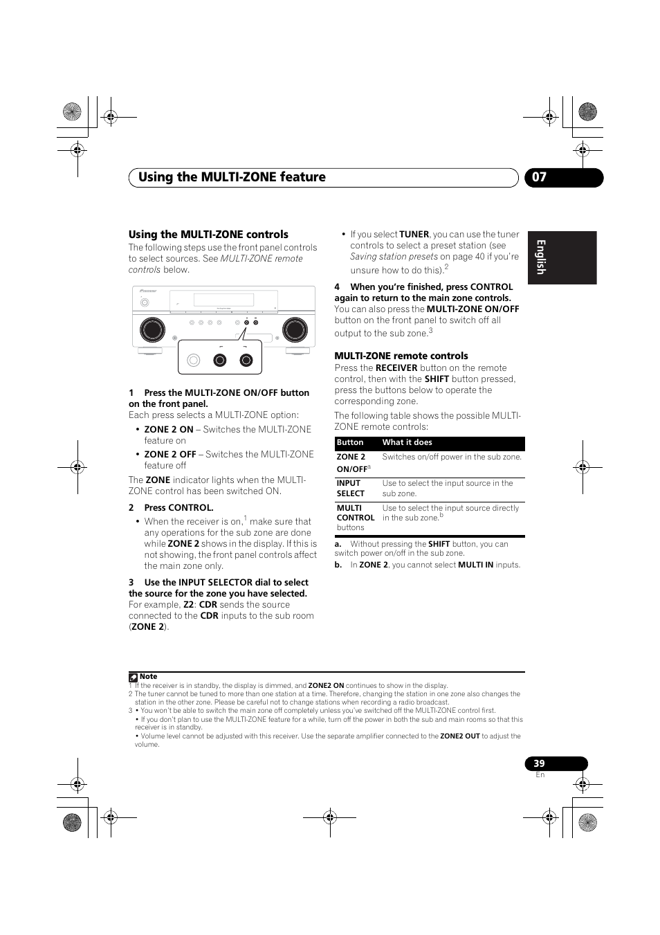 Using the multi-zone controls, Using the multi-zone feature 07, Engli sh françai s e spañol | Pioneer VSX-519V-K User Manual | Page 39 / 144