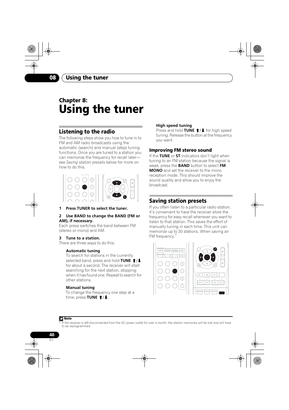 Listening to the radio, Improving fm stereo sound, Saving station presets | Using the tuner, Using the tuner 08, Chapter 8 | Pioneer VSX-519V-K User Manual | Page 40 / 144
