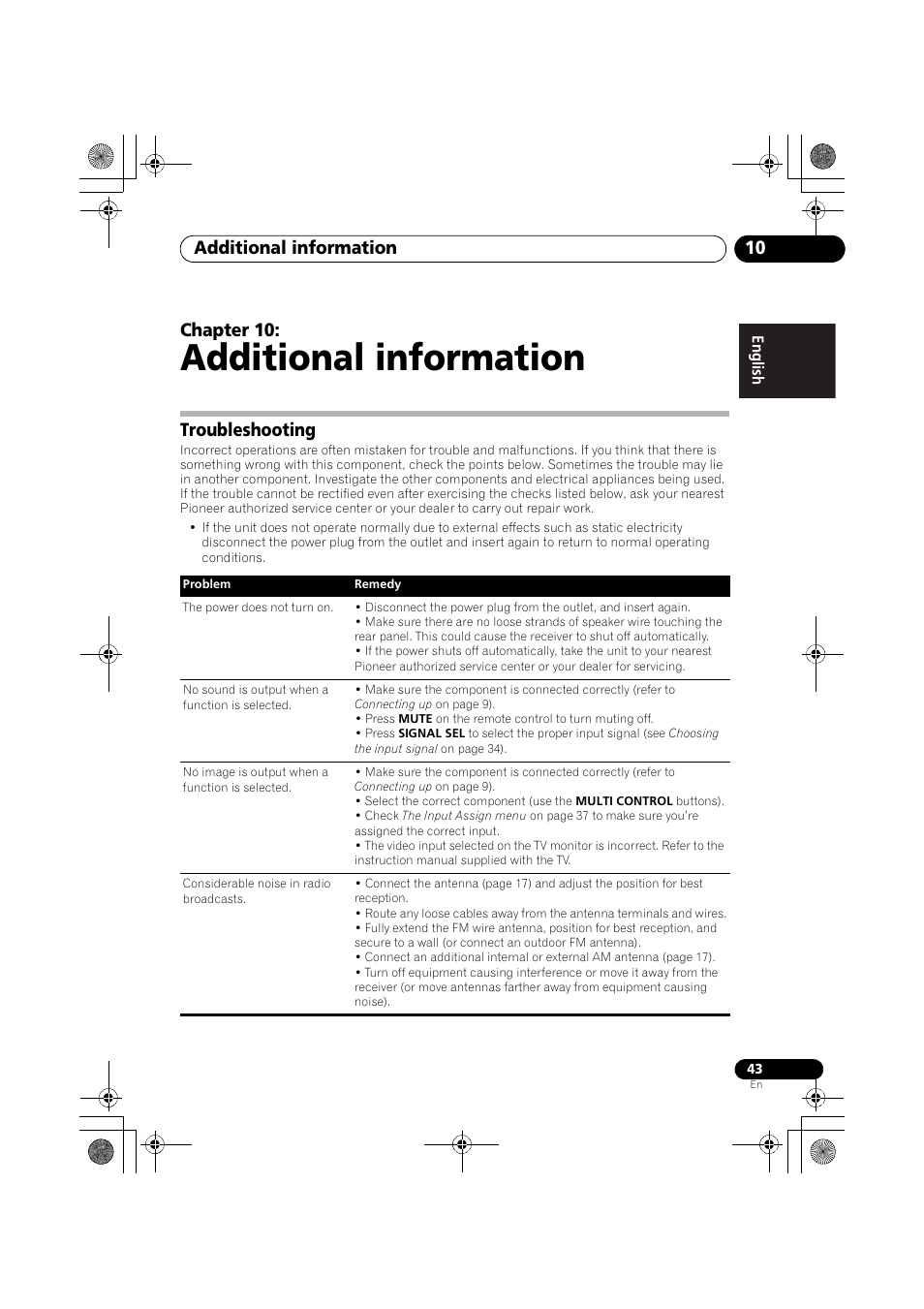Troubleshooting, Additional information, Additional information 10 | Chapter 10 | Pioneer VSX-519V-K User Manual | Page 43 / 144