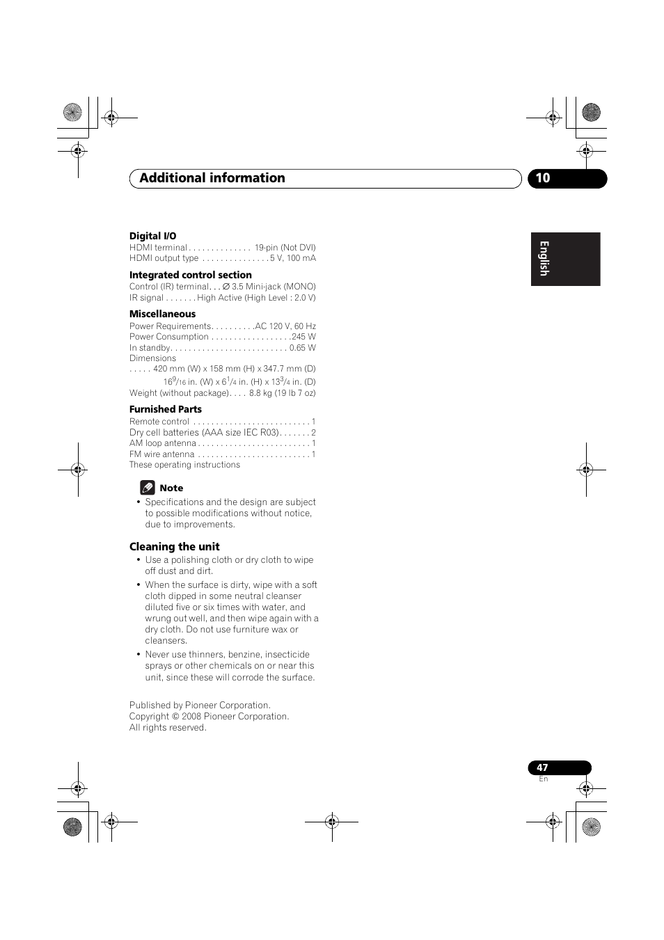 Cleaning the unit, Additional information 10 | Pioneer VSX-519V-K User Manual | Page 47 / 144