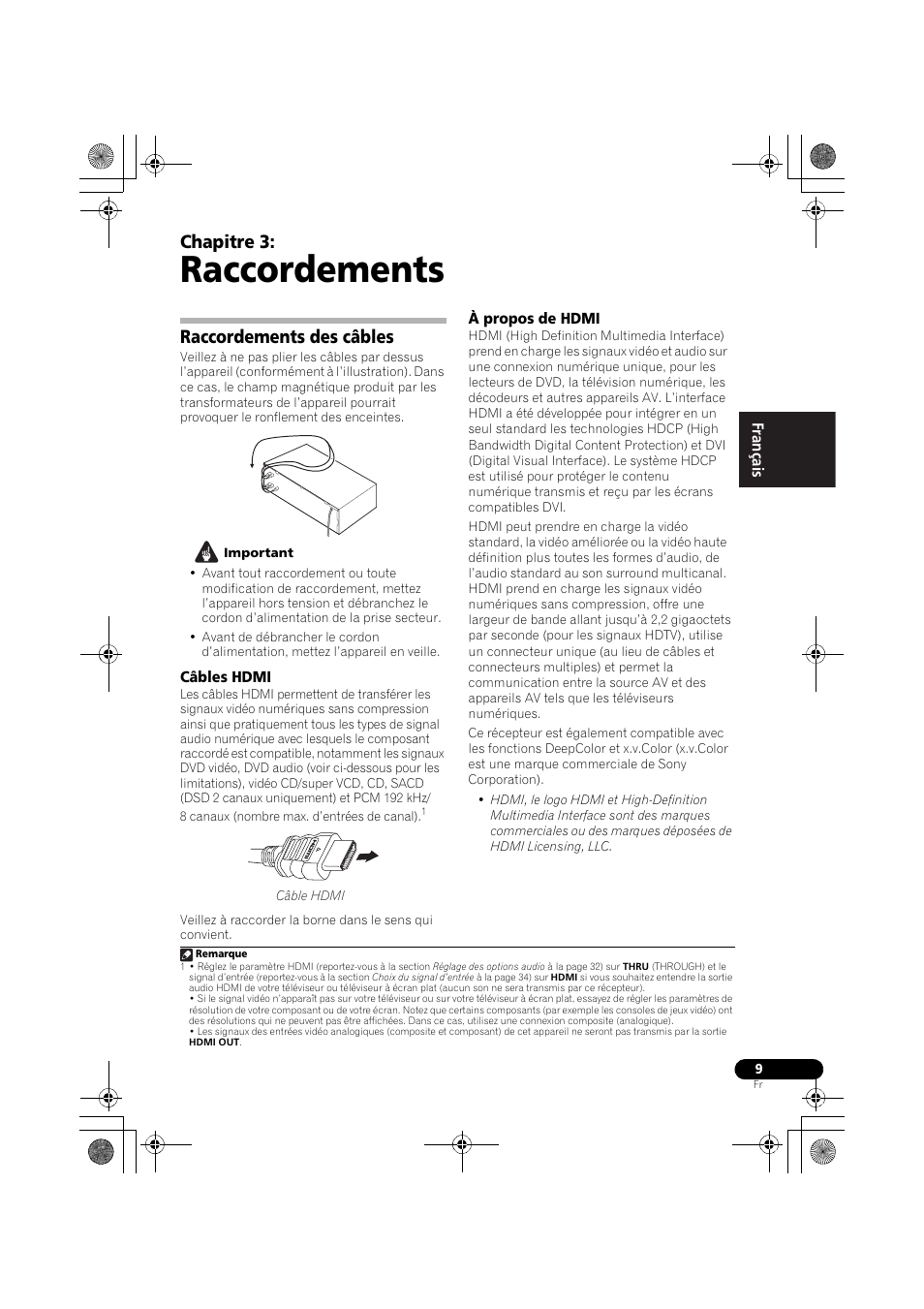 Raccordements des câbles, Câbles hdmi à propos de hdmi, Raccordements | Chapitre 3 | Pioneer VSX-519V-K User Manual | Page 57 / 144