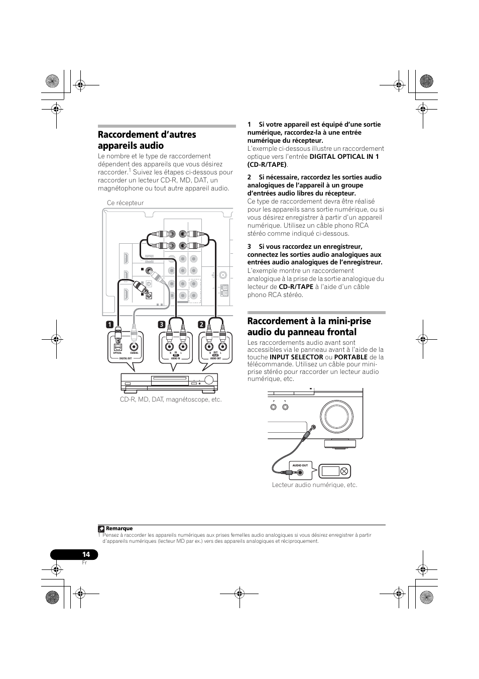 Raccordement d’autres appareils audio, Raccordement à la mini-prise audio du, Panneau frontal | Lecteur audio numérique, etc, Remarque | Pioneer VSX-519V-K User Manual | Page 62 / 144