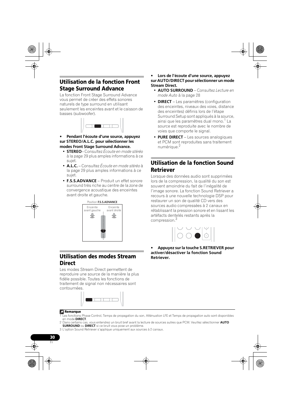 Utilisation de la fonction front stage, Surround advance, Utilisation des modes stream direct | Utilisation de la fonction sound retriever | Pioneer VSX-519V-K User Manual | Page 78 / 144