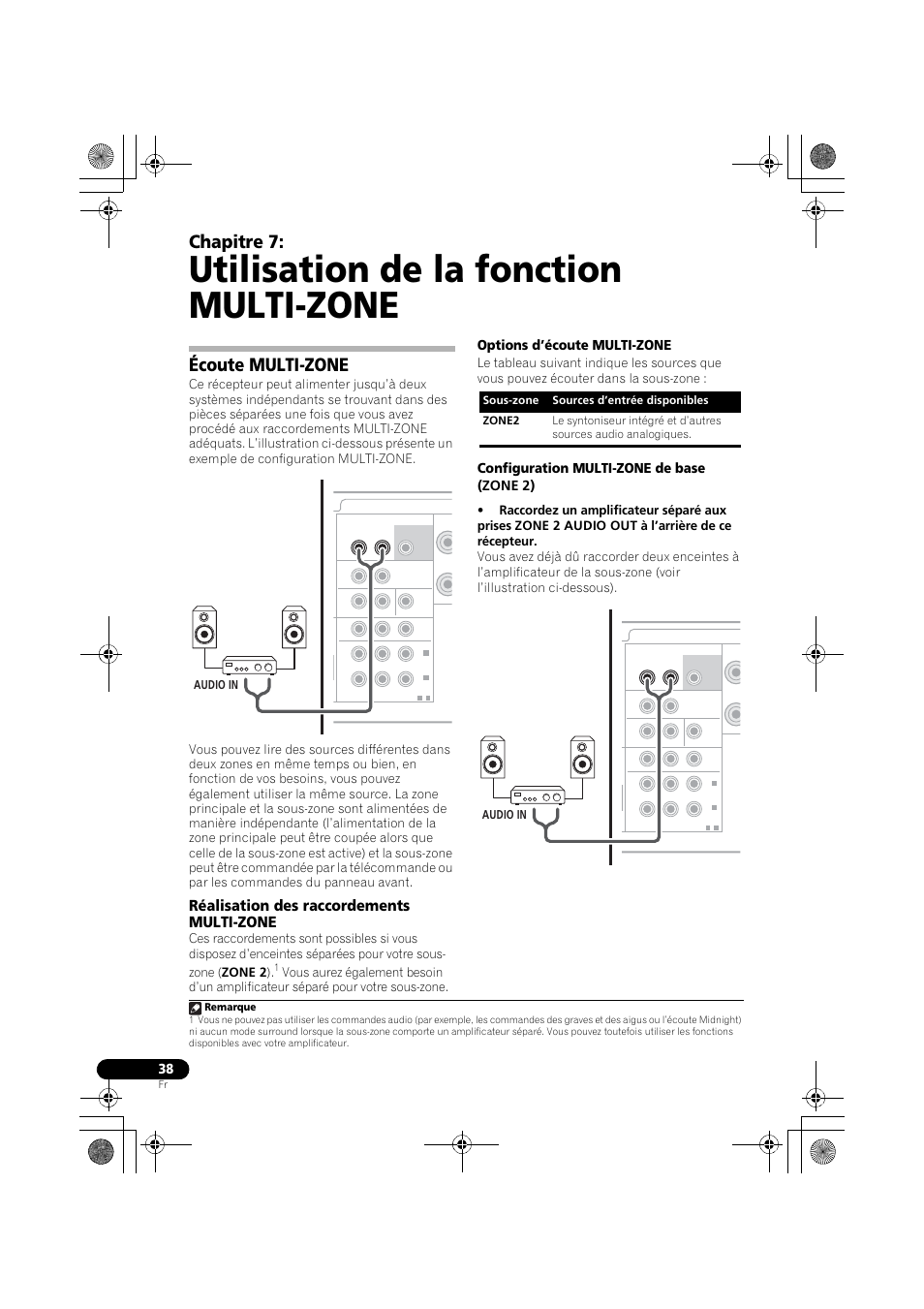 Écoute multi-zone, Réalisation des raccordements multi-zone, Utilisation de la fonction multi-zone | Chapitre 7, Options d’écoute multi-zone, Configuration multi-zone de base (zone 2), Audio in | Pioneer VSX-519V-K User Manual | Page 86 / 144