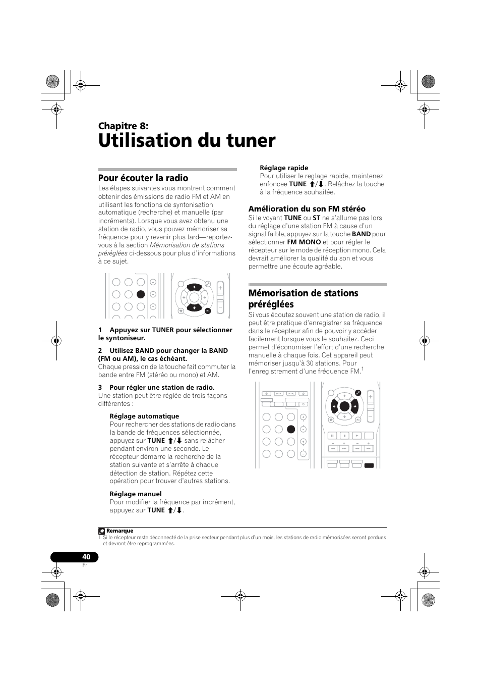 Pour écouter la radio, Amélioration du son fm stéréo, Mémorisation de stations préréglées | Utilisation du tuner, Chapitre 8, Remarque | Pioneer VSX-519V-K User Manual | Page 88 / 144