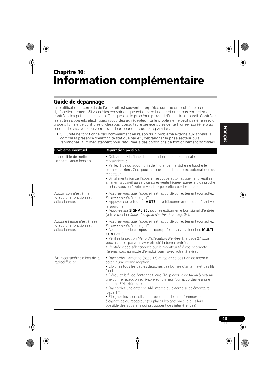 Guide de dépannage, Information complémentaire, Chapitre 10 | Pioneer VSX-519V-K User Manual | Page 91 / 144