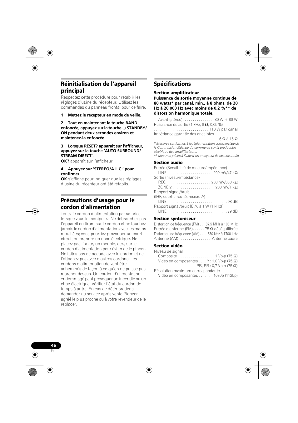 Réinitialisation de l’appareil principal, Précautions d’usage pour le cordon, D’alimentation | Spécifications, Précautions d’usage pour le cordon d’alimentation | Pioneer VSX-519V-K User Manual | Page 94 / 144