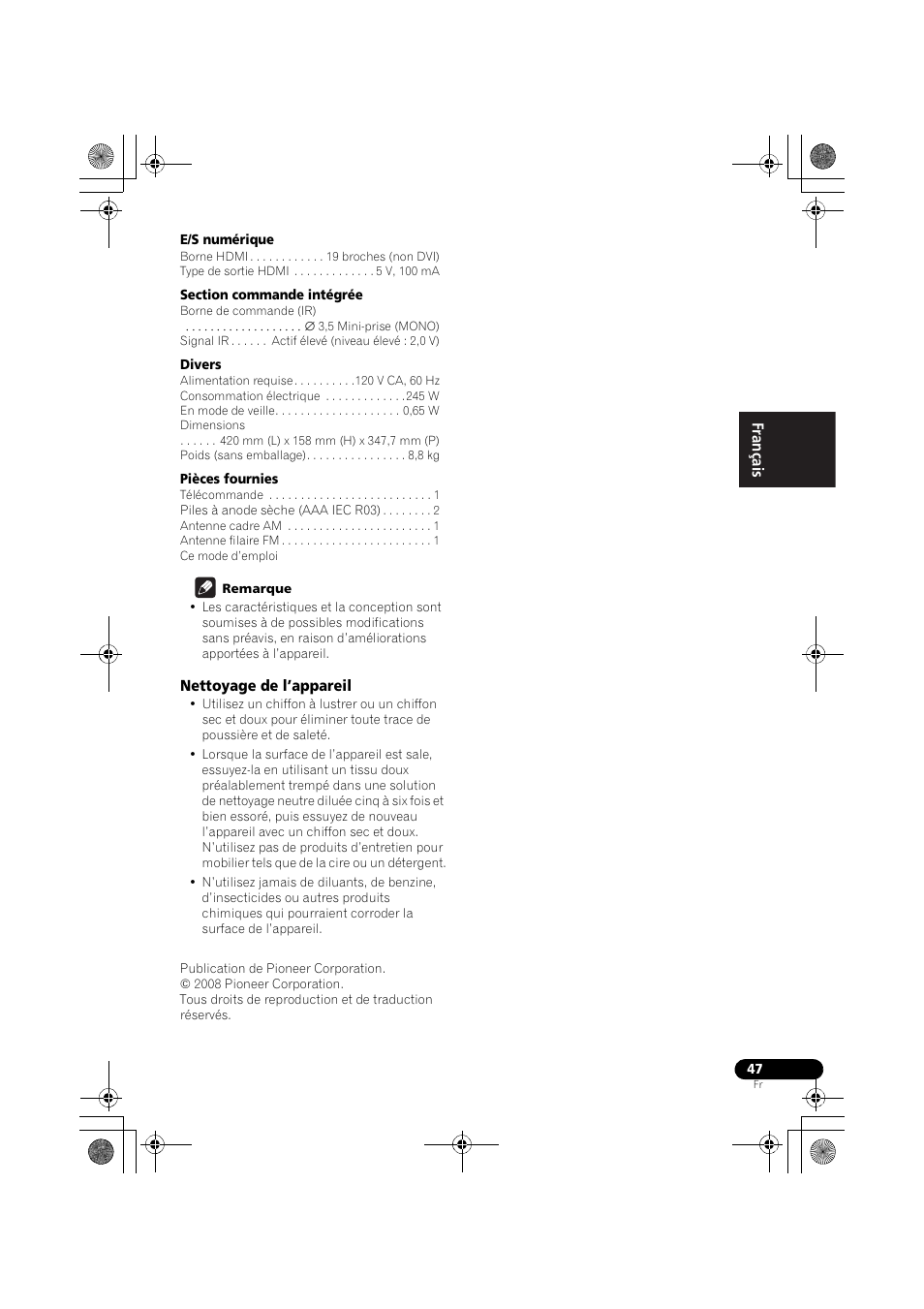 Nettoyage de l’appareil | Pioneer VSX-519V-K User Manual | Page 95 / 144