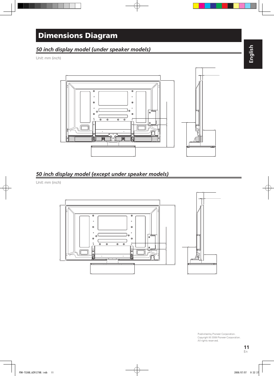 Dimensions diagram, English, 50 inch display model (under speaker models) | Pioneer KURO PDK-TS36B User Manual | Page 10 / 82