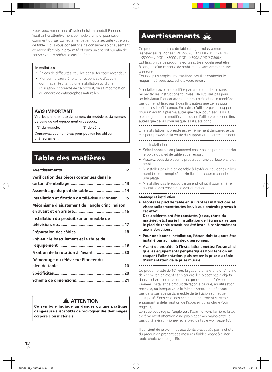 Pioneer KURO PDK-TS36B User Manual | Page 11 / 82