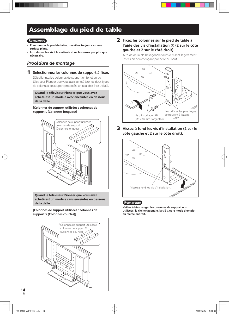 Assemblage du pied de table, Procédure de montage | Pioneer KURO PDK-TS36B User Manual | Page 13 / 82