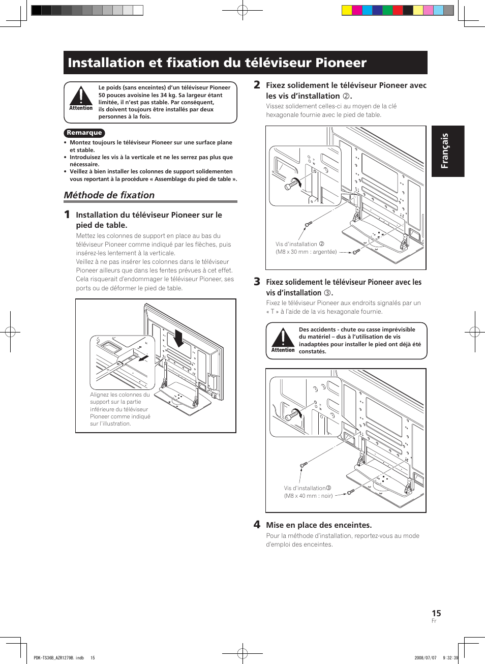 Installation et fixation du téléviseur pioneer, Français, Méthode de fixation | Pioneer KURO PDK-TS36B User Manual | Page 14 / 82