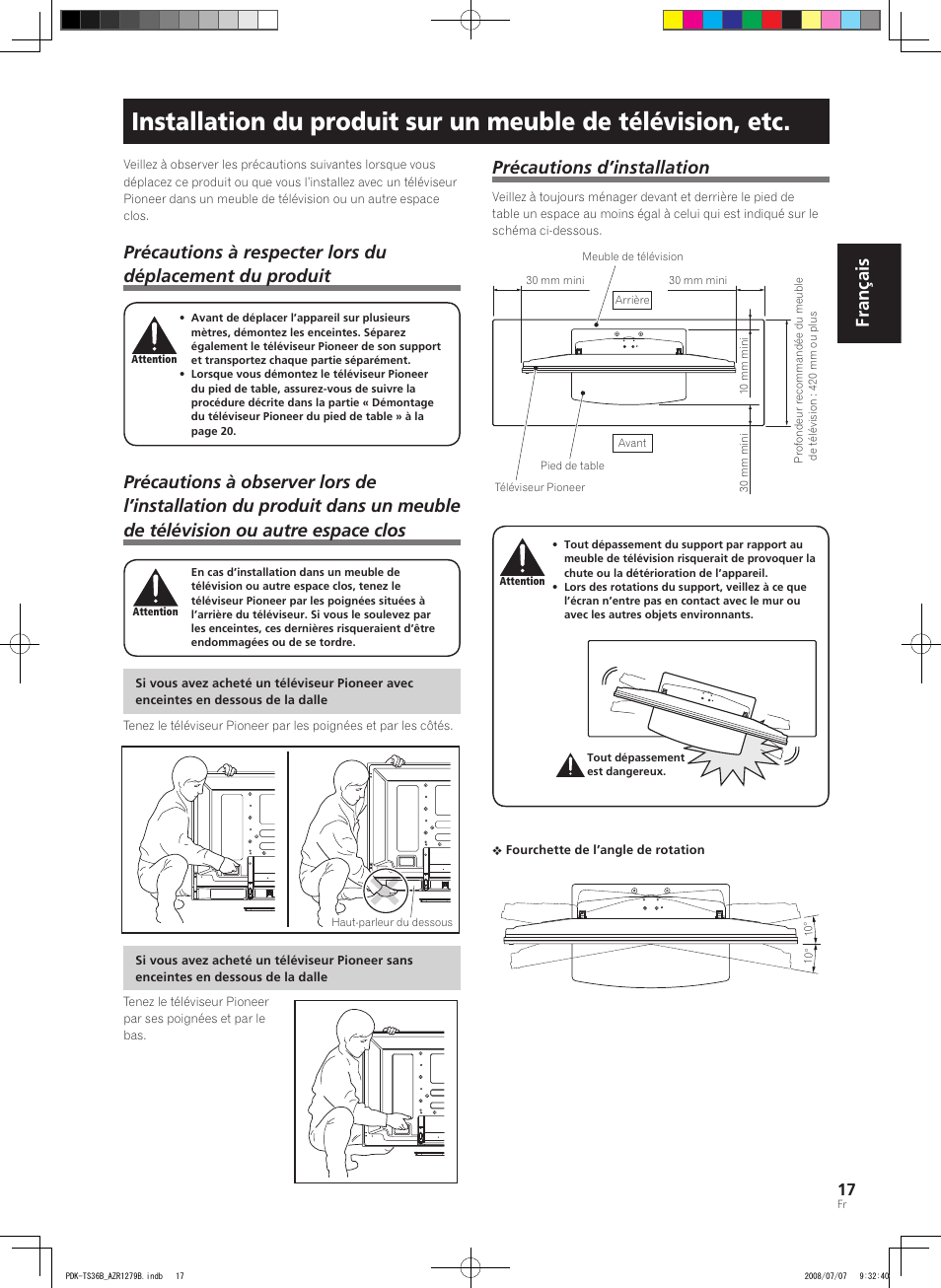 Français, Précautions d’installation | Pioneer KURO PDK-TS36B User Manual | Page 16 / 82