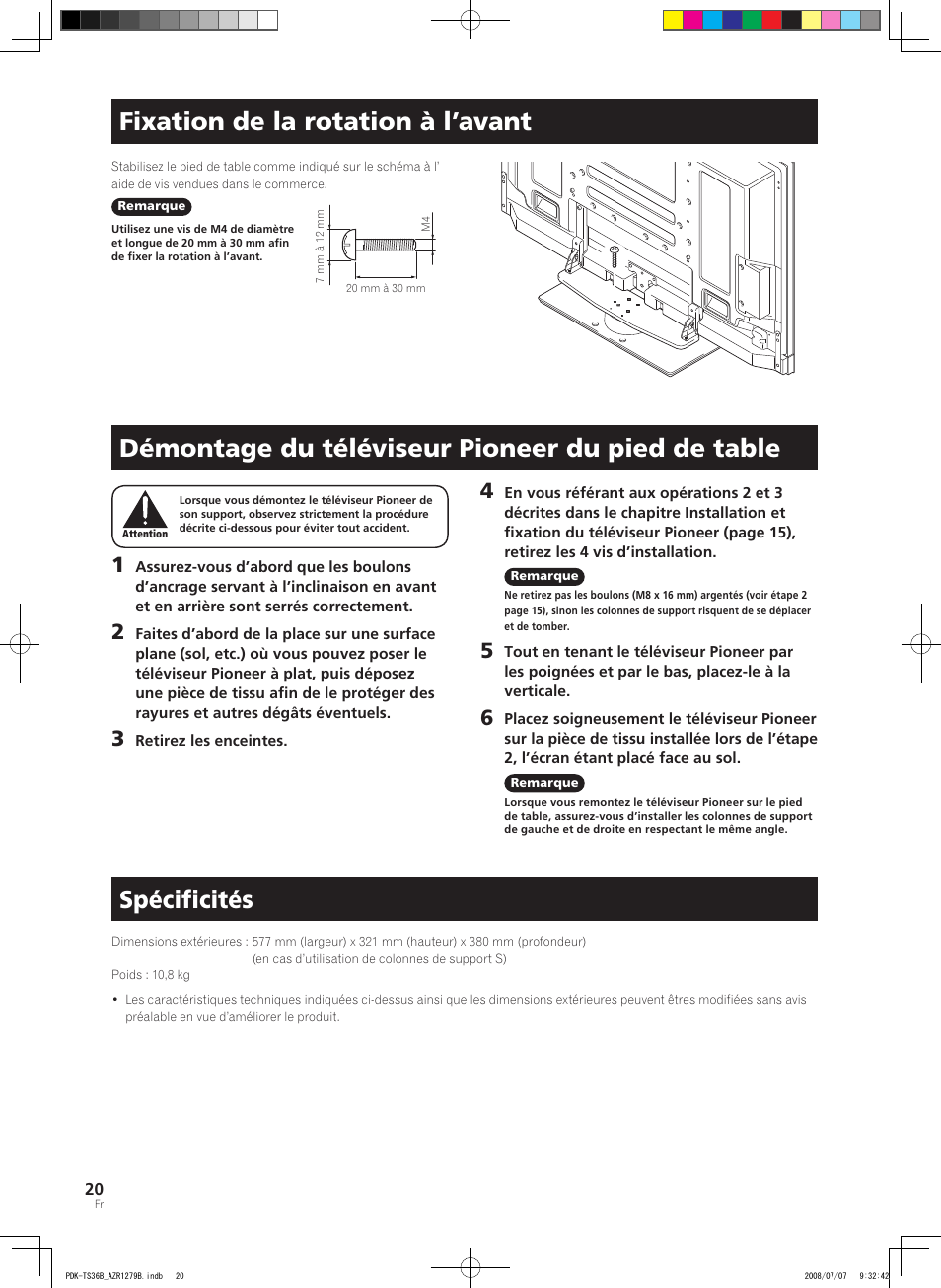 Fixation de la rotation à l’avant, Démontage du téléviseur pioneer du pied de table, Spécificités | Pioneer KURO PDK-TS36B User Manual | Page 19 / 82