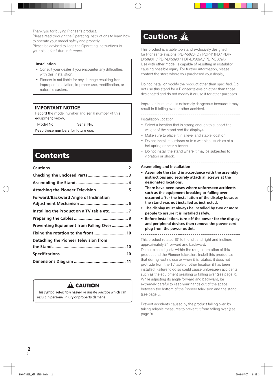 Pioneer KURO PDK-TS36B User Manual | Page 2 / 82