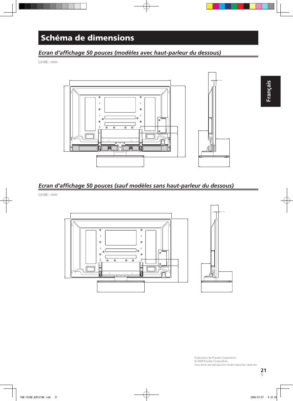 Schéma de dimensions, Français | Pioneer KURO PDK-TS36B User Manual | Page 20 / 82