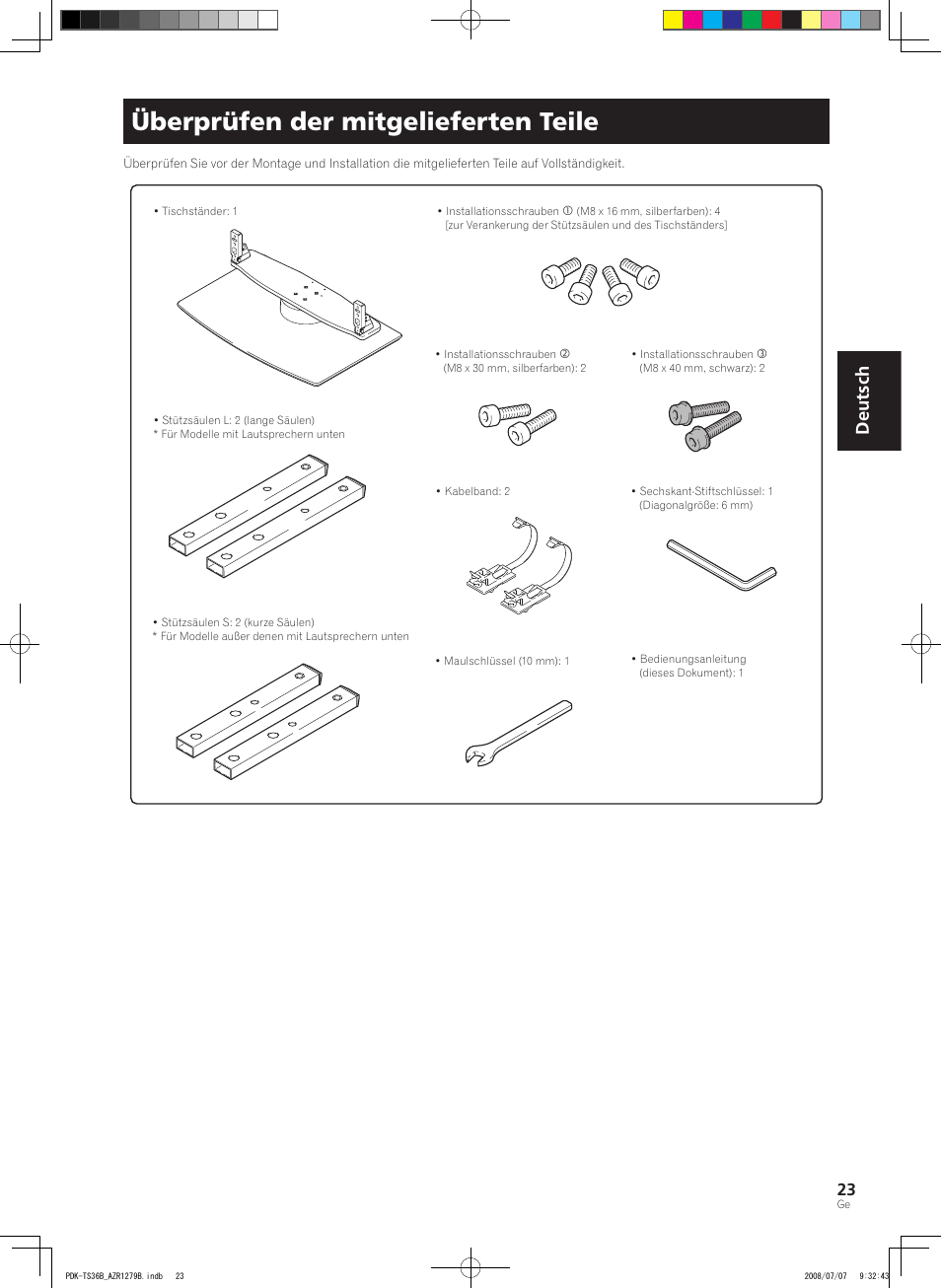 Überprüfen der mitgelieferten teile, Deutsch | Pioneer KURO PDK-TS36B User Manual | Page 22 / 82