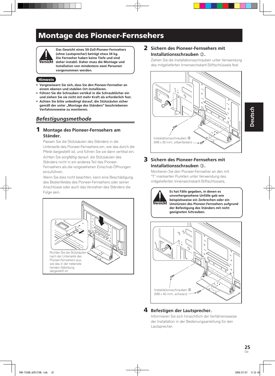 Montage des pioneer-fernsehers, Deutsch, Befestigungsmethode | Pioneer KURO PDK-TS36B User Manual | Page 24 / 82