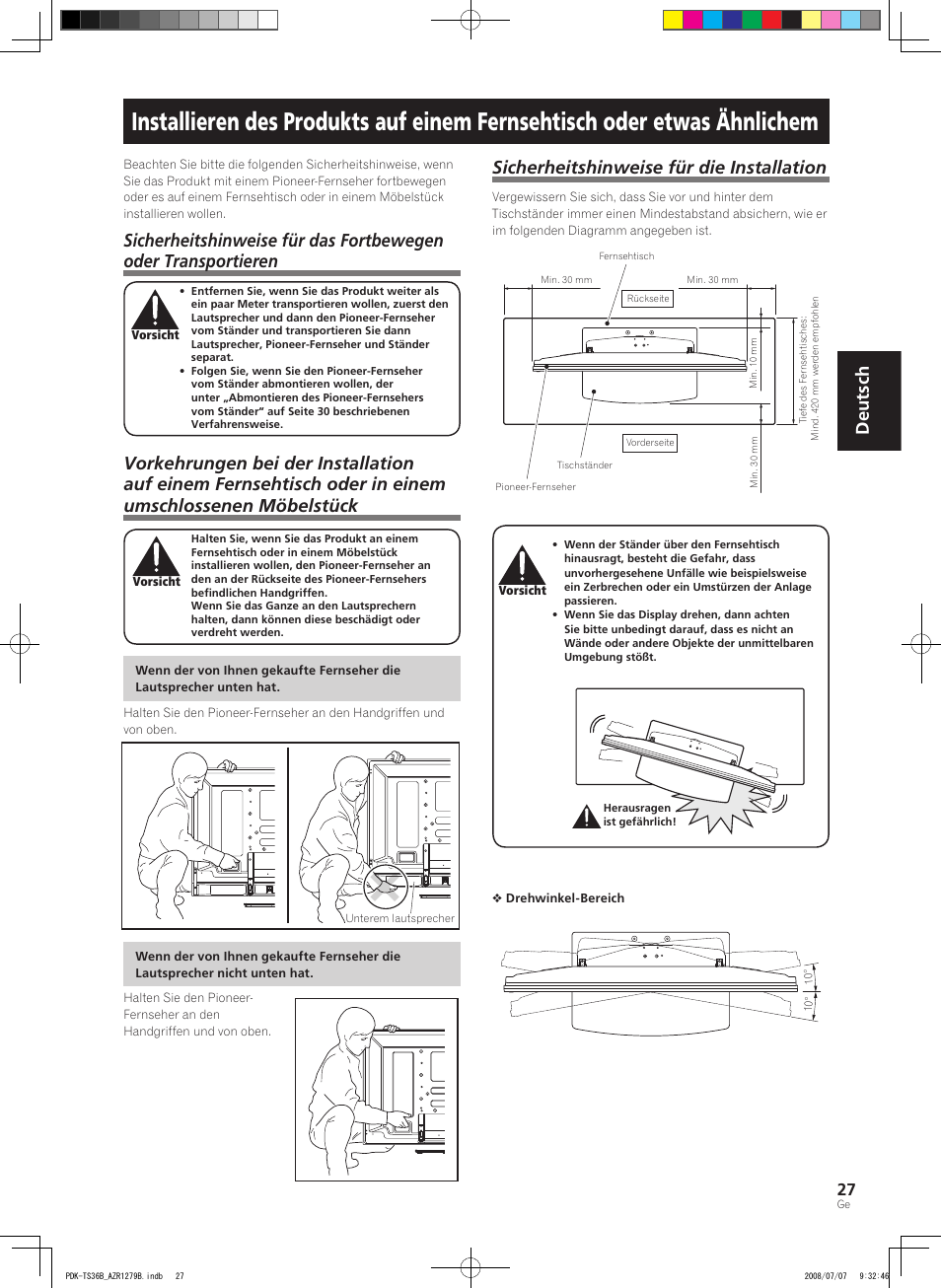 Deutsch, Sicherheitshinweise für die installation | Pioneer KURO PDK-TS36B User Manual | Page 26 / 82