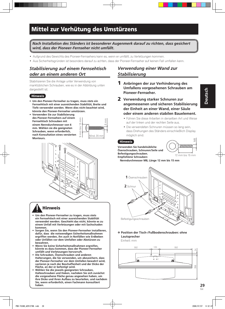 Mittel zur verhütung des umstürzens, Deutsch, Ьiг | Verwendung einer wand zur stabilisierung | Pioneer KURO PDK-TS36B User Manual | Page 28 / 82