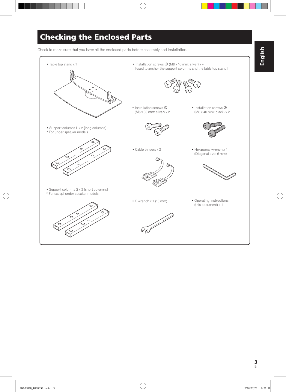 Checking the enclosed parts, English | Pioneer KURO PDK-TS36B User Manual | Page 3 / 82