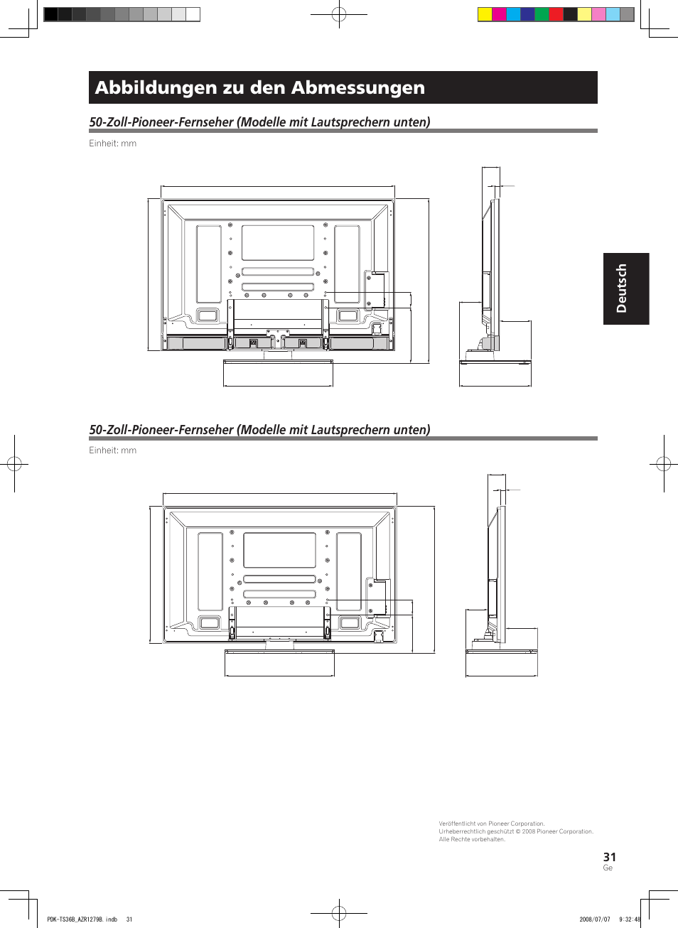 Abbildungen zu den abmessungen, Deutsch | Pioneer KURO PDK-TS36B User Manual | Page 30 / 82