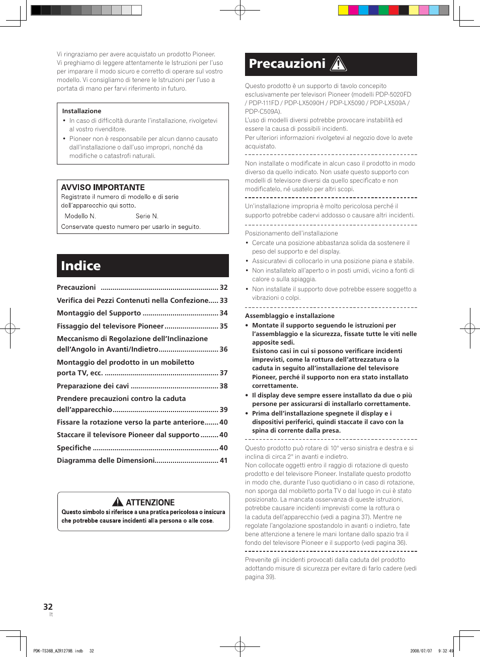 Indice, Precauzioni | Pioneer KURO PDK-TS36B User Manual | Page 31 / 82