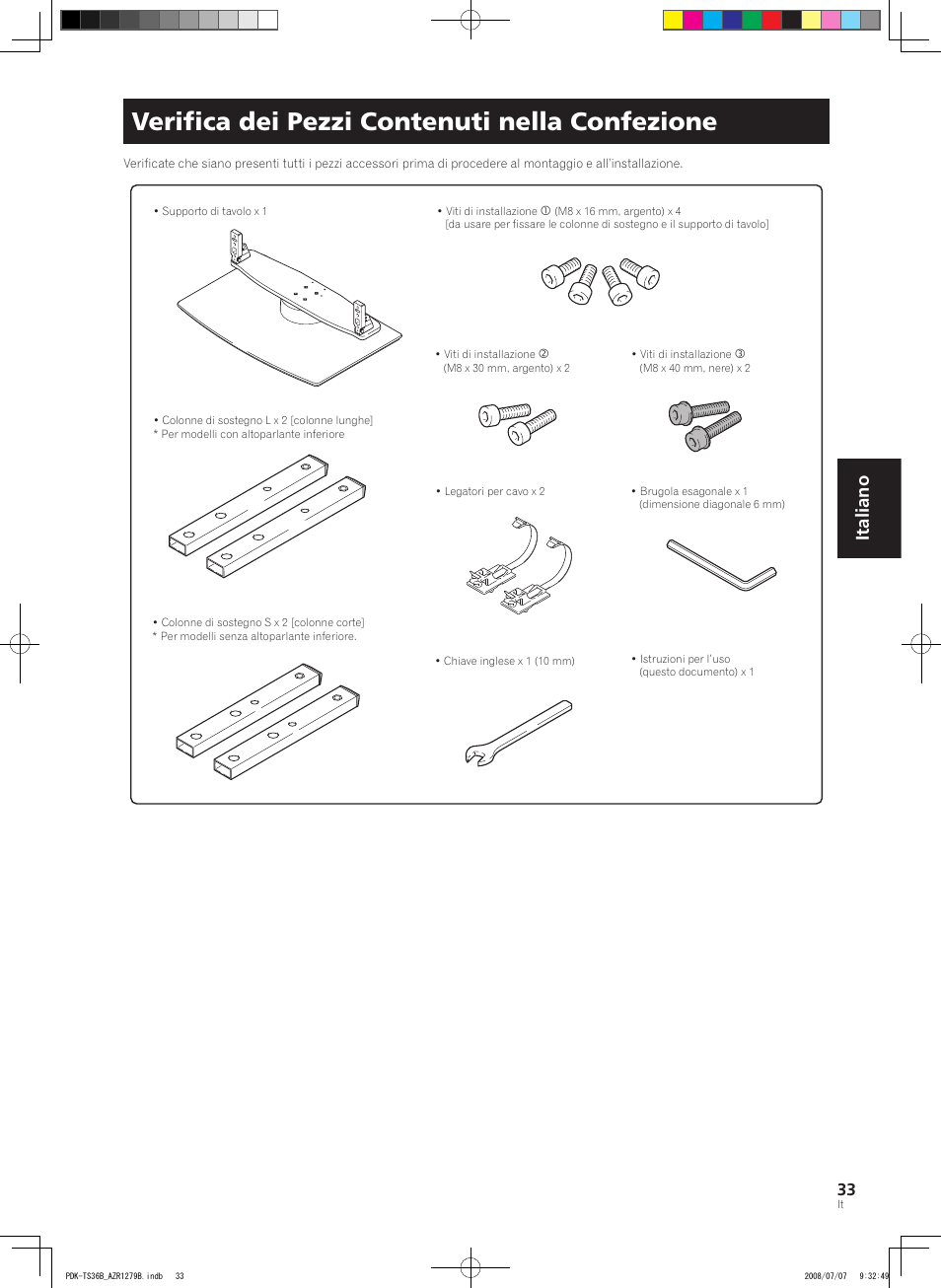 Verifica dei pezzi contenuti nella confezione, Italiano | Pioneer KURO PDK-TS36B User Manual | Page 32 / 82