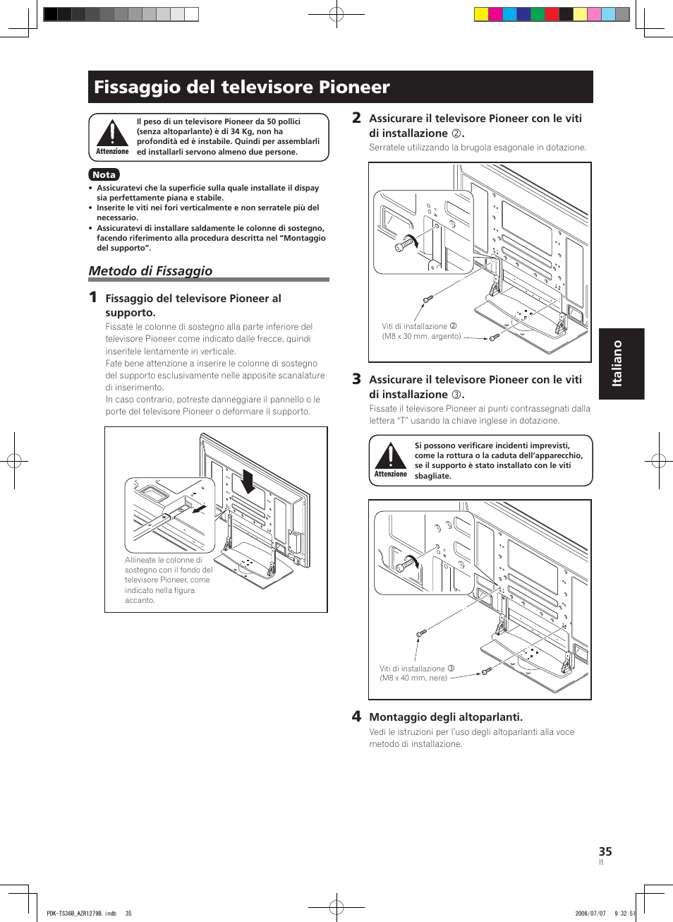 Fissaggio del televisore pioneer, Italiano, Metodo di fissaggio | Pioneer KURO PDK-TS36B User Manual | Page 34 / 82