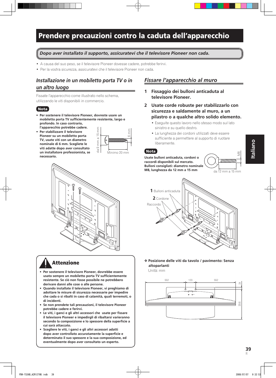 Italiano, Ttenzione, Fissare l’apparecchio al muro | Pioneer KURO PDK-TS36B User Manual | Page 38 / 82