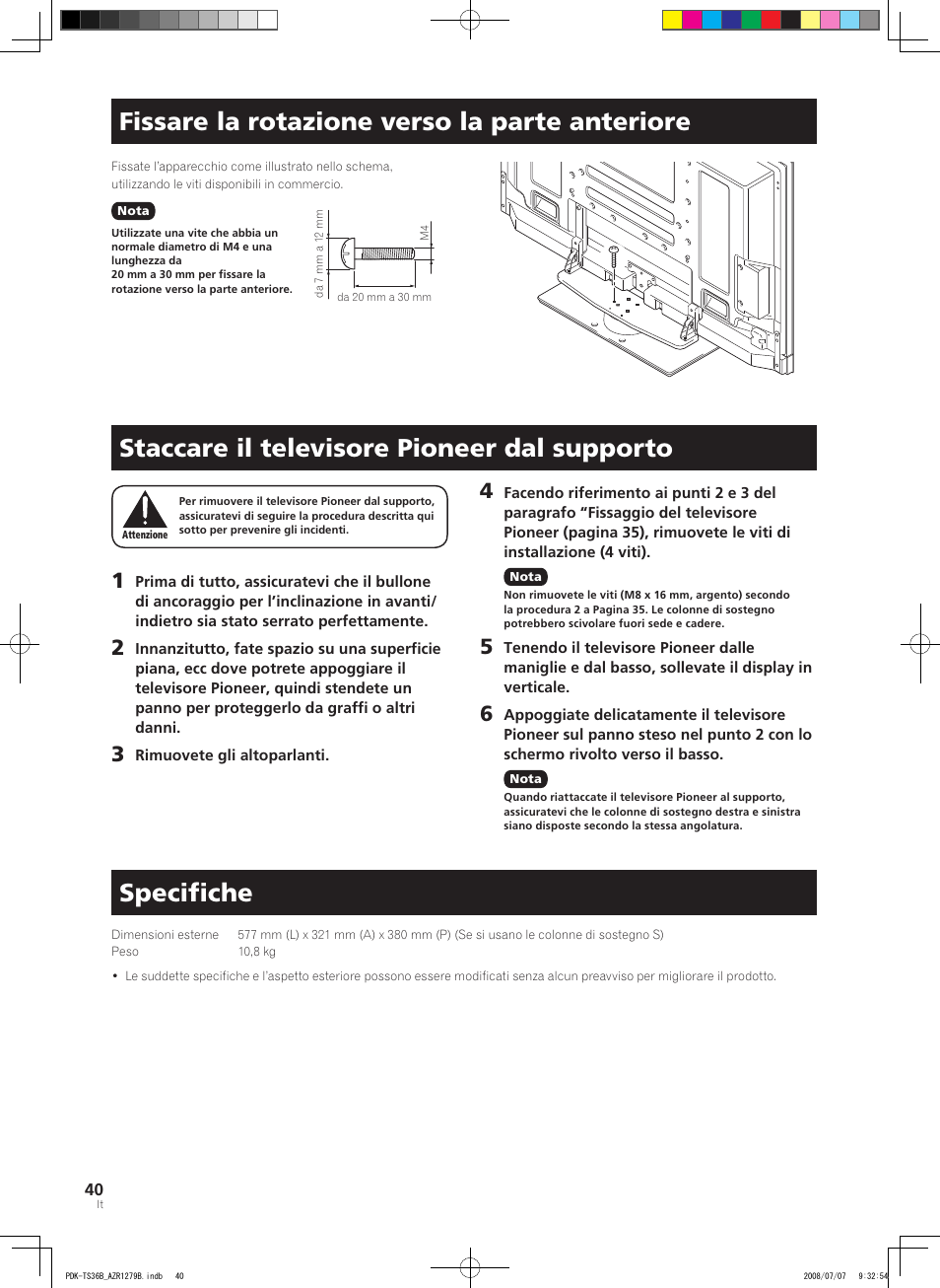 Fissare la rotazione verso la parte anteriore, Staccare il televisore pioneer dal supporto, Specifiche | Pioneer KURO PDK-TS36B User Manual | Page 39 / 82