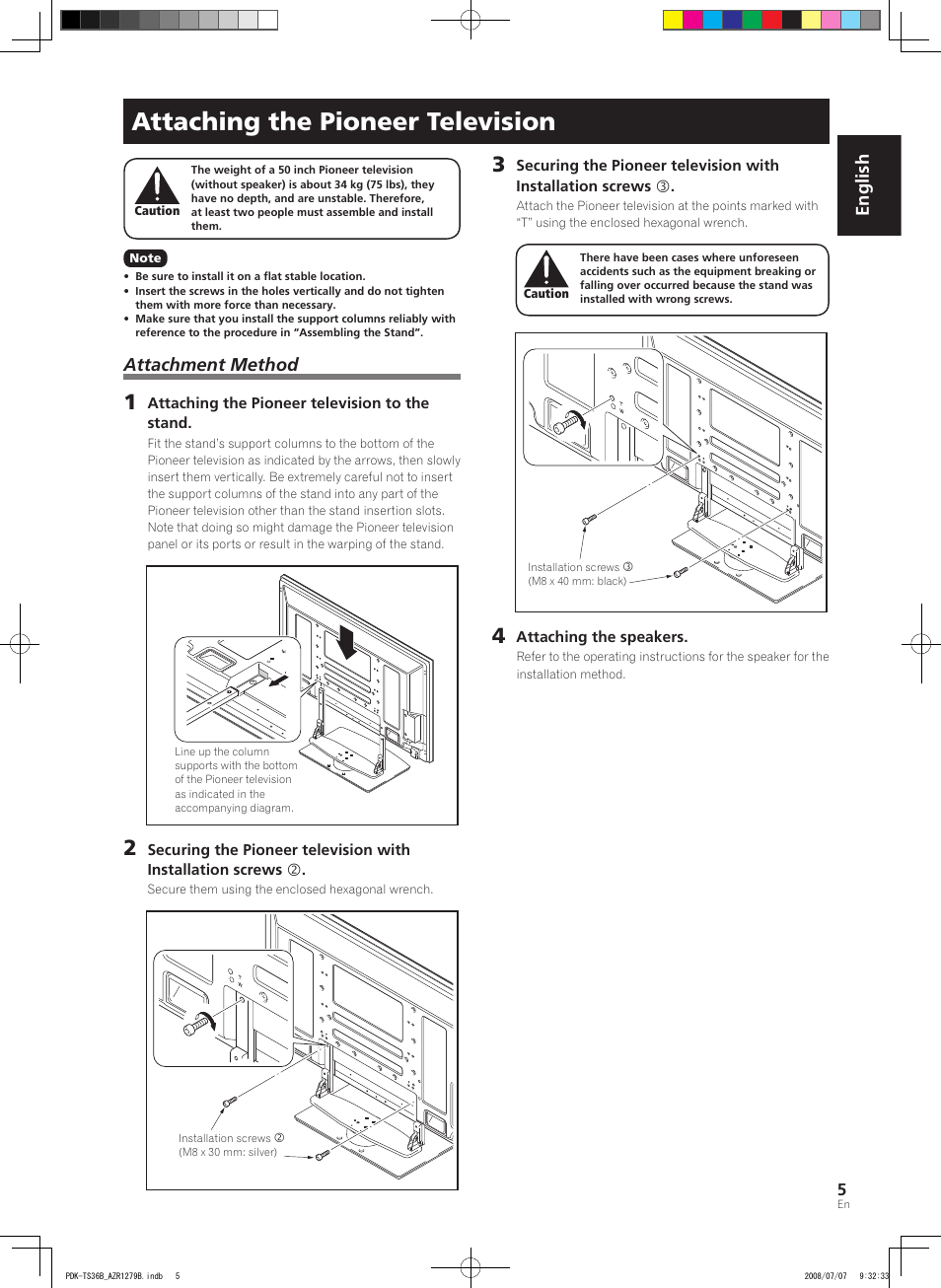 Attaching the pioneer television, English, Attachment method | Pioneer KURO PDK-TS36B User Manual | Page 4 / 82