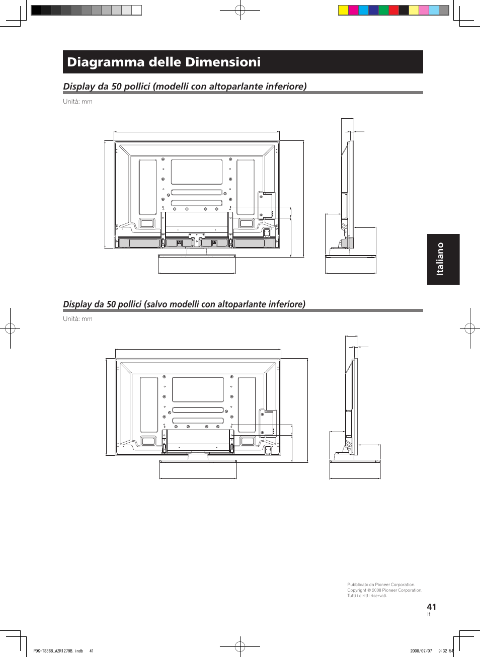 Diagramma delle dimensioni, Italiano | Pioneer KURO PDK-TS36B User Manual | Page 40 / 82