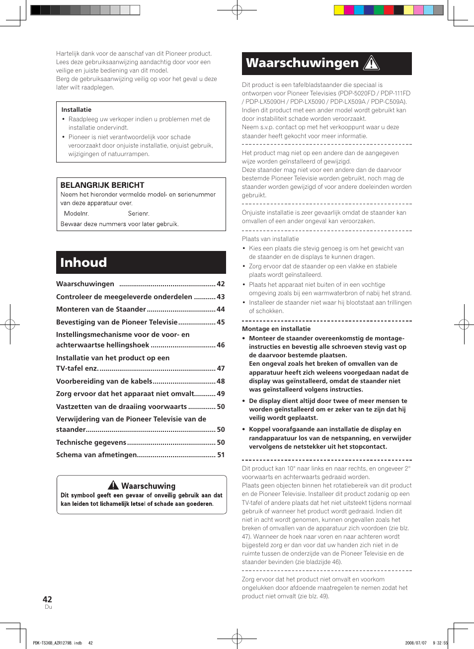 Inhoud, Waarschuwingen | Pioneer KURO PDK-TS36B User Manual | Page 41 / 82