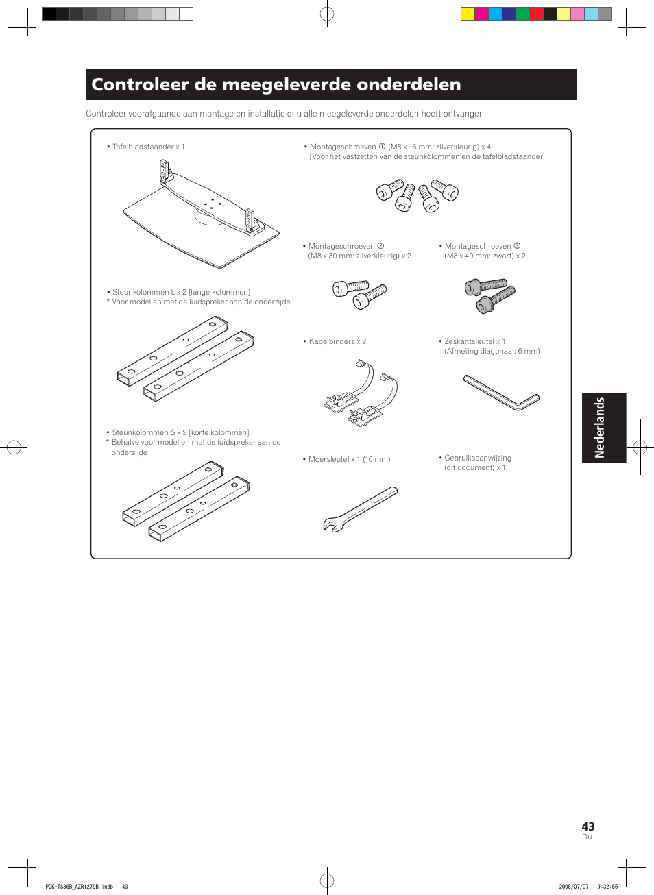 Controleer de meegeleverde onderdelen, Nederlands | Pioneer KURO PDK-TS36B User Manual | Page 42 / 82
