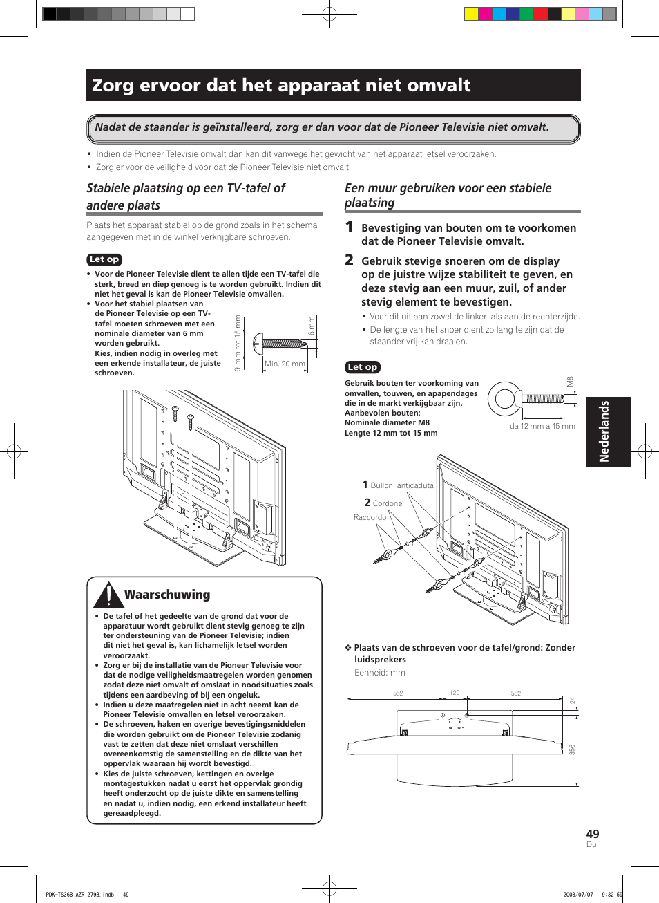 Zorg ervoor dat het apparaat niet omvalt, Nederlands, 7aarschuwing | Een muur gebruiken voor een stabiele plaatsing | Pioneer KURO PDK-TS36B User Manual | Page 48 / 82