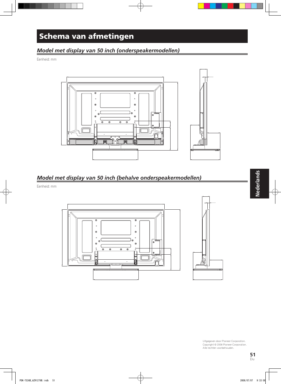 Schema van afmetingen, Nederlands | Pioneer KURO PDK-TS36B User Manual | Page 50 / 82