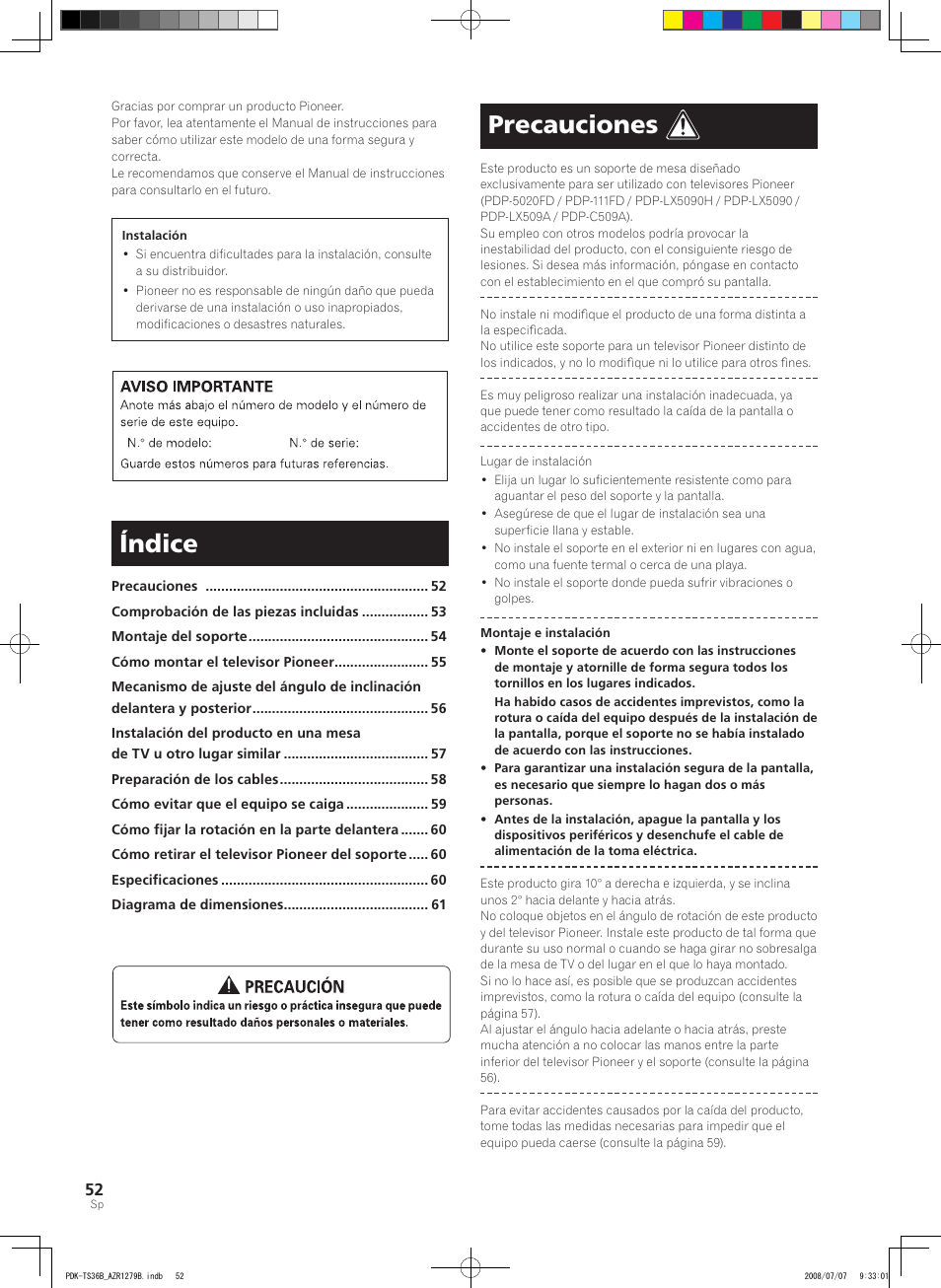 Índice, Precauciones | Pioneer KURO PDK-TS36B User Manual | Page 51 / 82