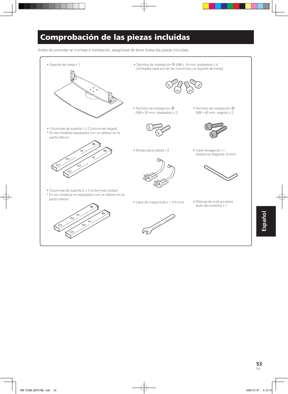 Comprobación de las piezas incluidas, Español | Pioneer KURO PDK-TS36B User Manual | Page 52 / 82