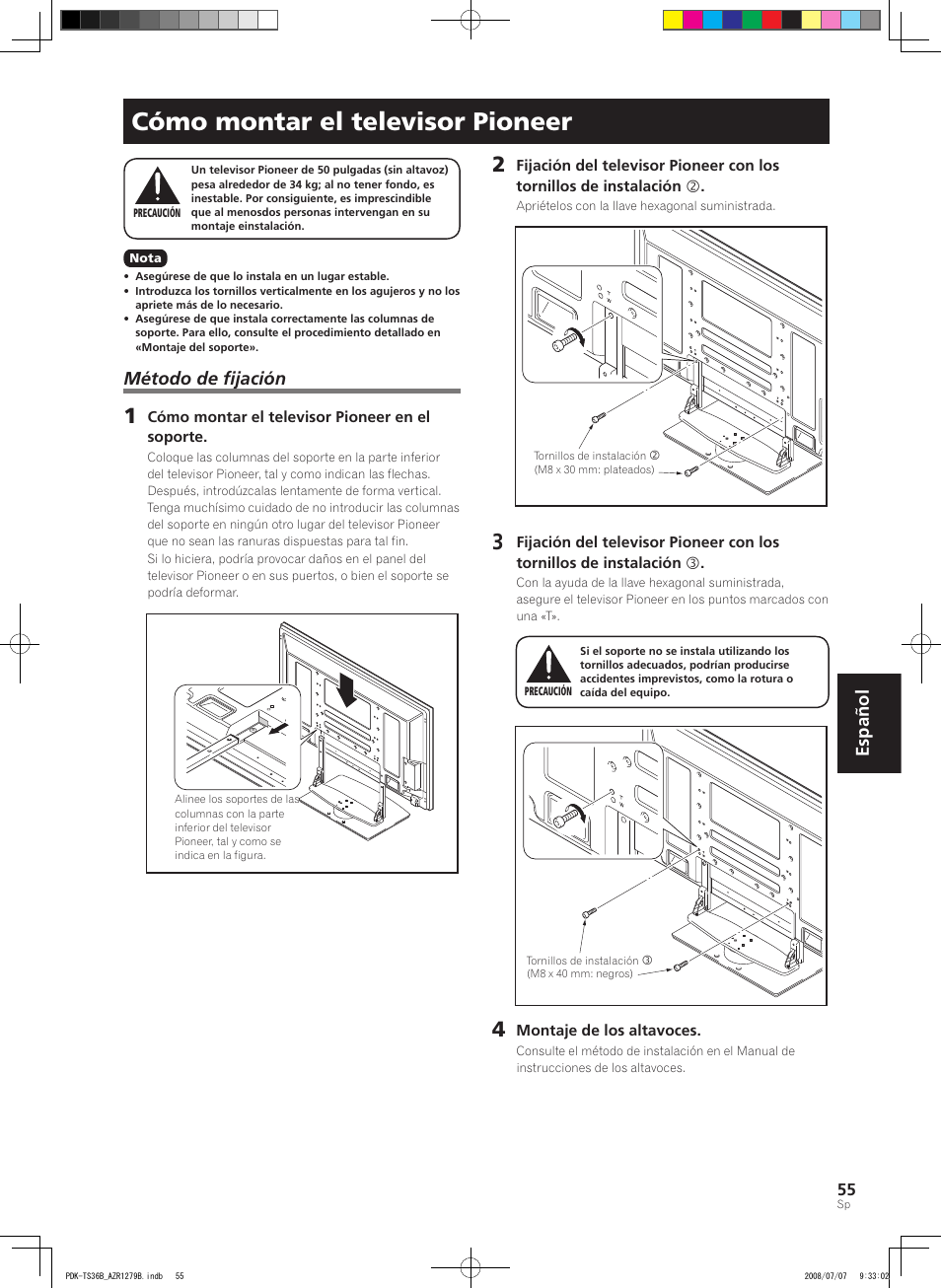 Cómo montar el televisor pioneer, Español, Método de fijación | Pioneer KURO PDK-TS36B User Manual | Page 54 / 82