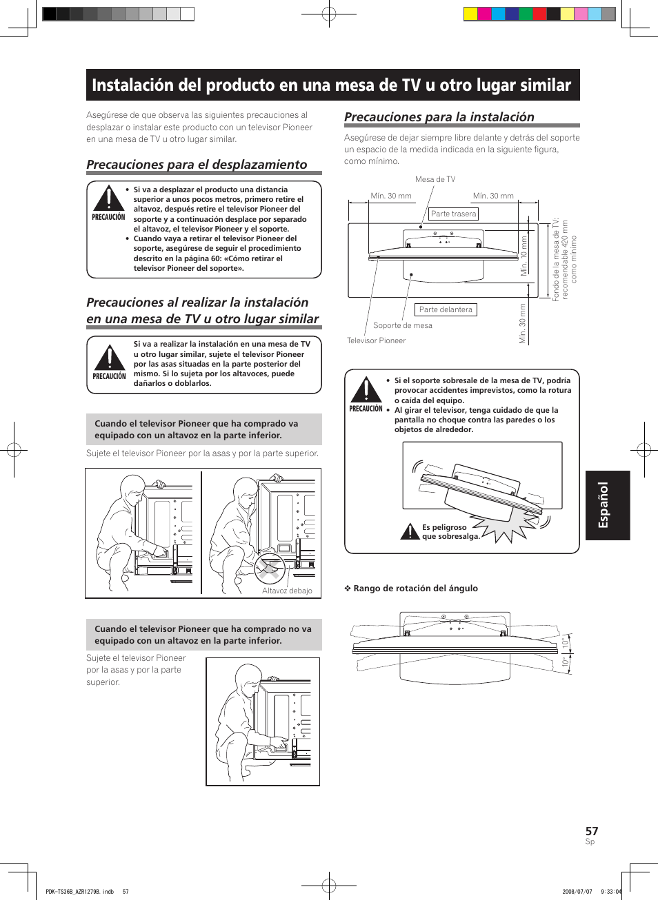 Español, Precauciones para el desplazamiento, Precauciones para la instalación | Pioneer KURO PDK-TS36B User Manual | Page 56 / 82