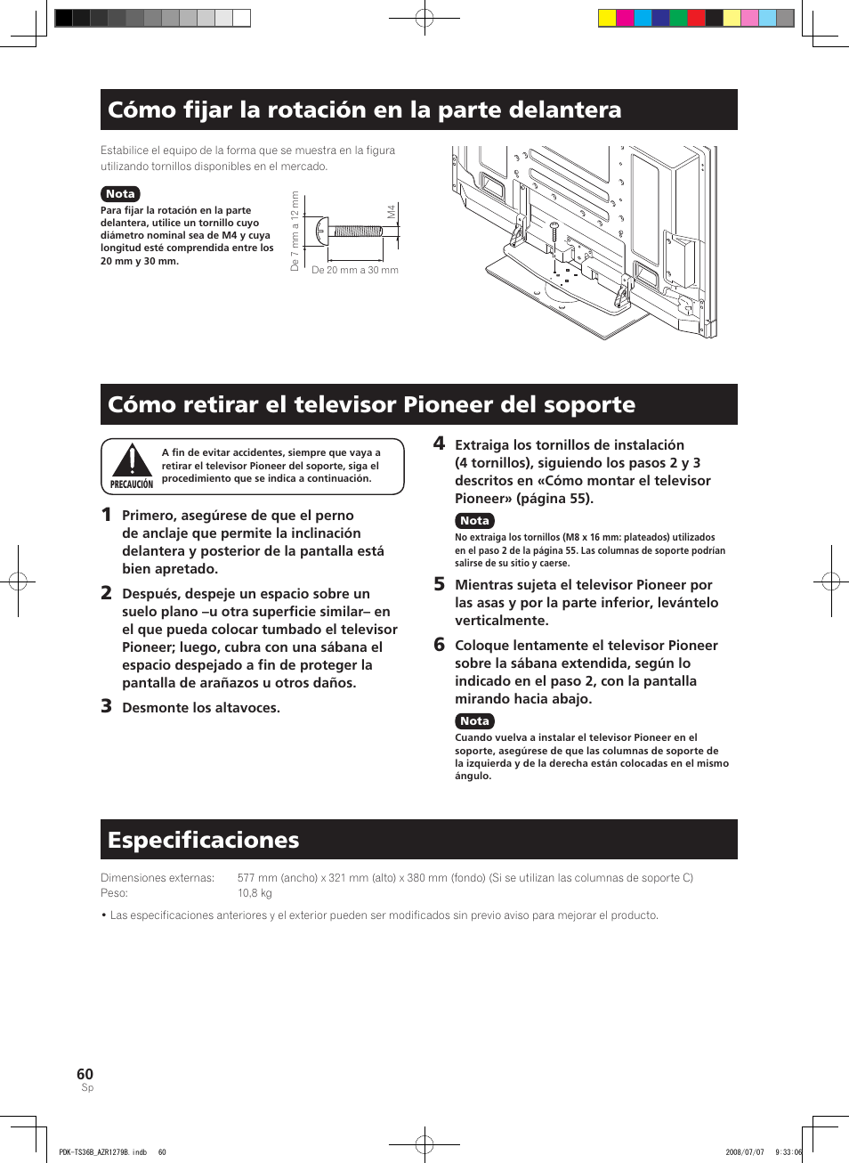 Cómo fijar la rotación en la parte delantera, Cómo retirar el televisor pioneer del soporte, Especificaciones | Pioneer KURO PDK-TS36B User Manual | Page 59 / 82