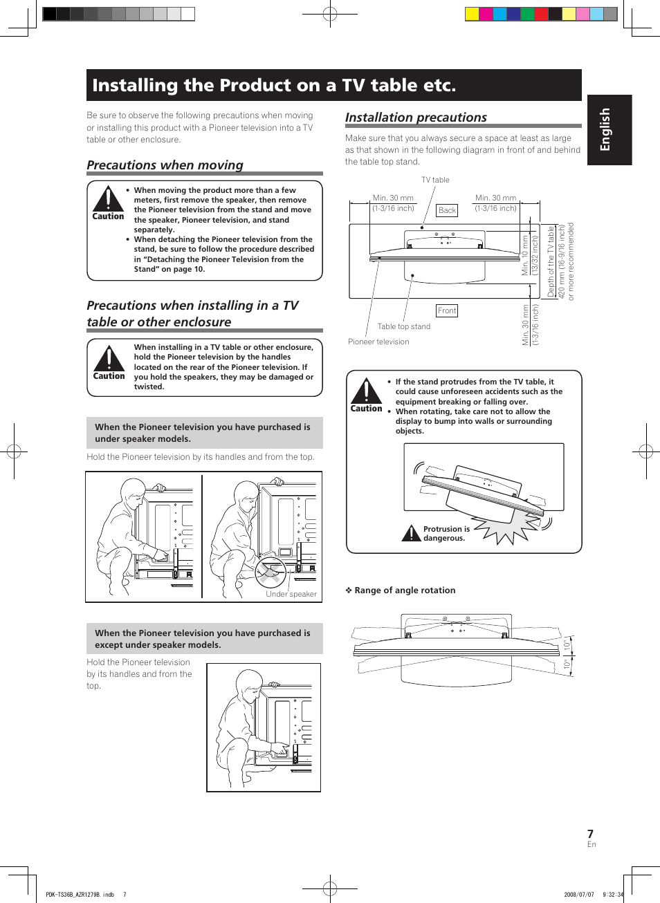 Installing the product on a tv table etc, English, Precautions when moving | Installation precautions | Pioneer KURO PDK-TS36B User Manual | Page 6 / 82