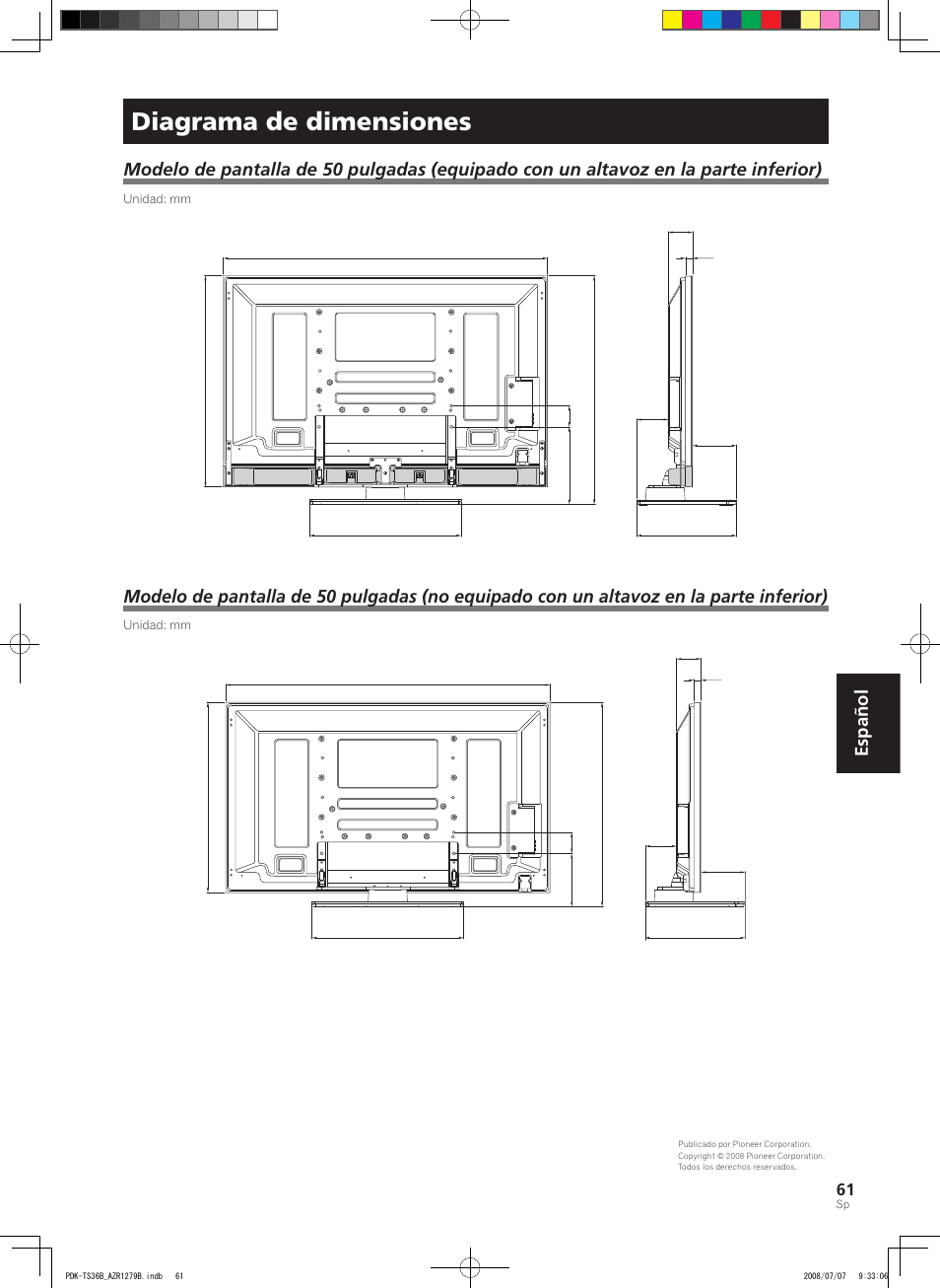 Diagrama de dimensiones, Español | Pioneer KURO PDK-TS36B User Manual | Page 60 / 82