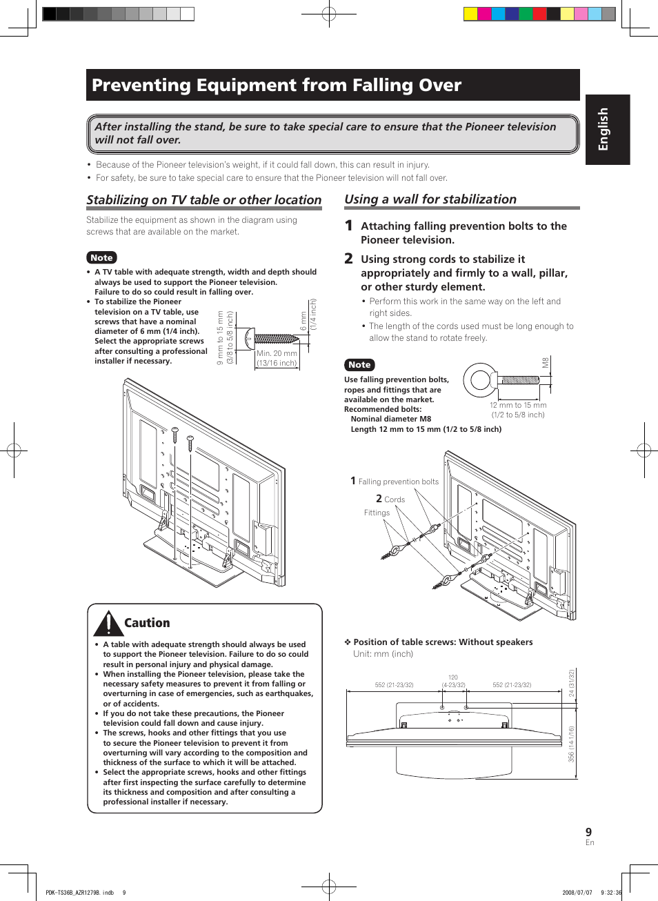 Preventing equipment from falling over, English, Stabilizing on tv table or other location | Aution, Using a wall for stabilization | Pioneer KURO PDK-TS36B User Manual | Page 8 / 82