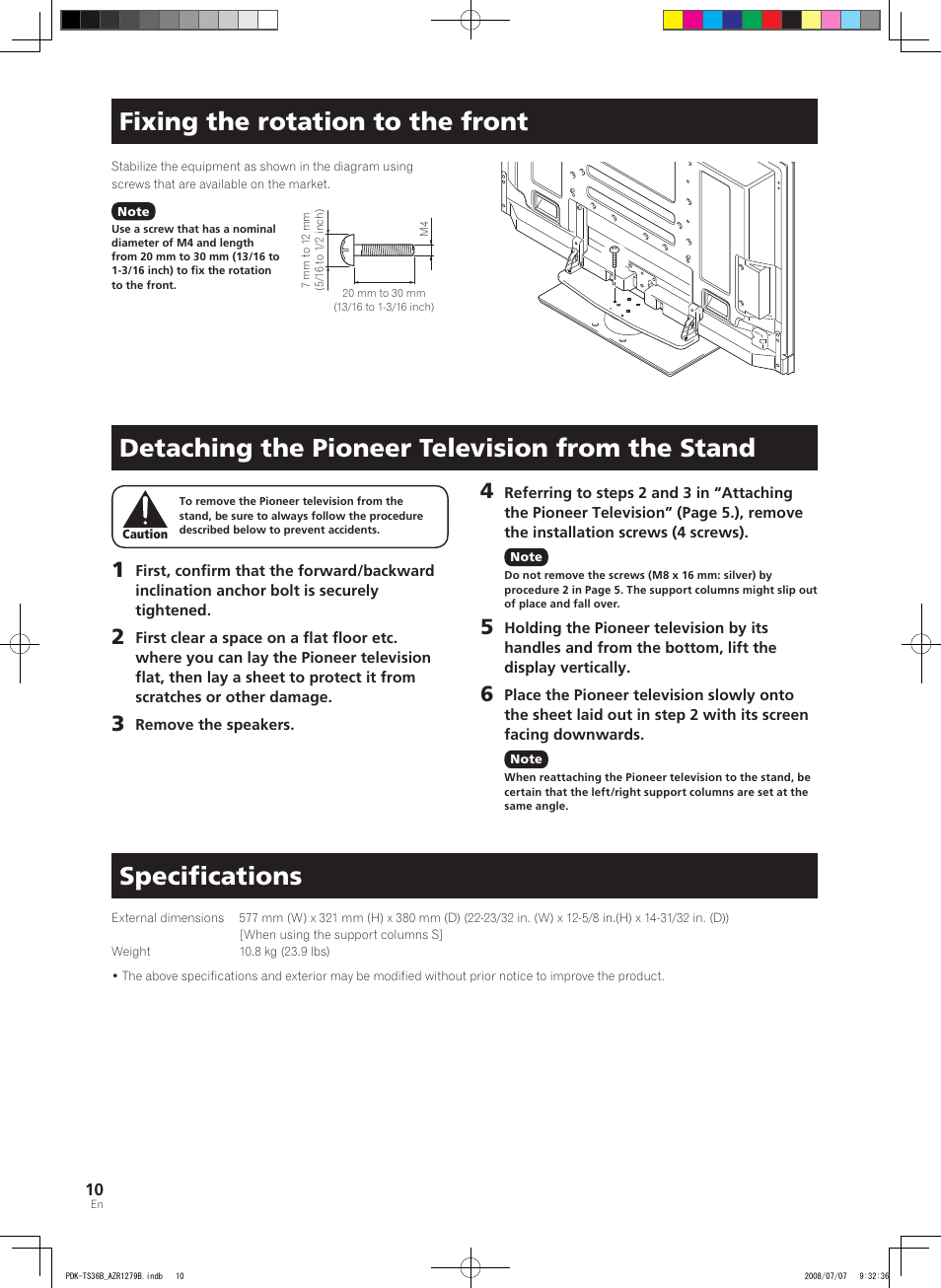 Fixing the rotation to the front, Detaching the pioneer television from the stand, Specifications | Pioneer KURO PDK-TS36B User Manual | Page 9 / 82