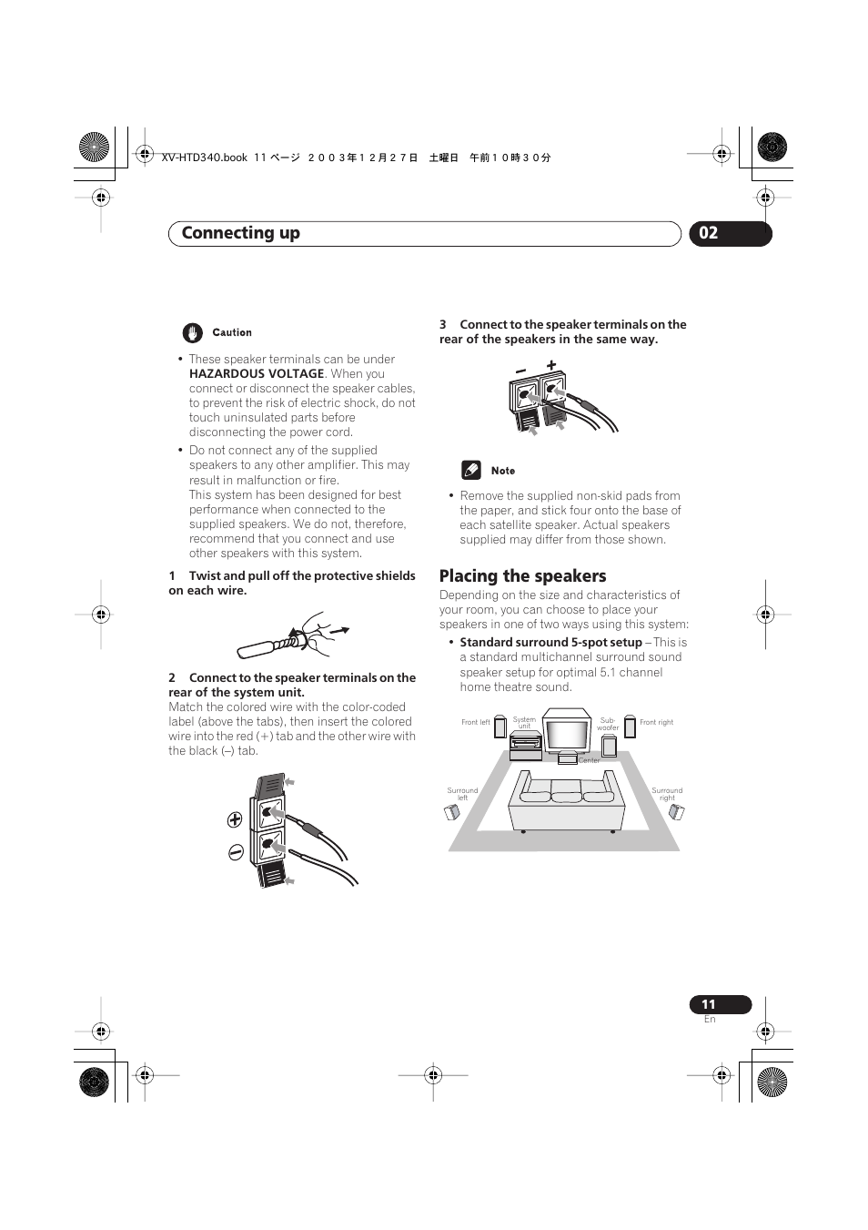 Connecting up 02, Placing the speakers | Pioneer XV-HTD340 User Manual | Page 11 / 84